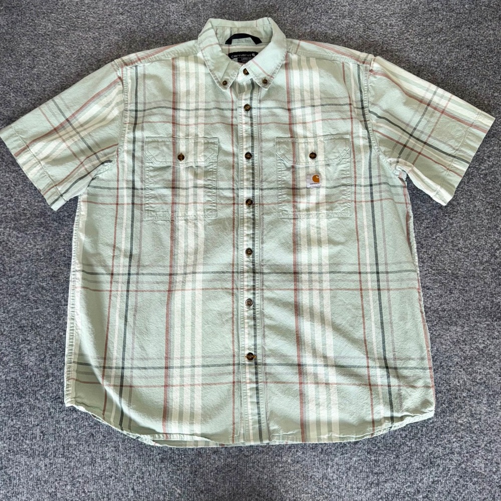 Carhartt Shirt Mens Large Green Plaid Button Down Short Sleeve Casual‎ Workwear